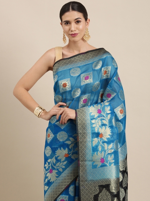 

PERFECTBLUE Blue & Gold Floral Jacquard Organza Saree