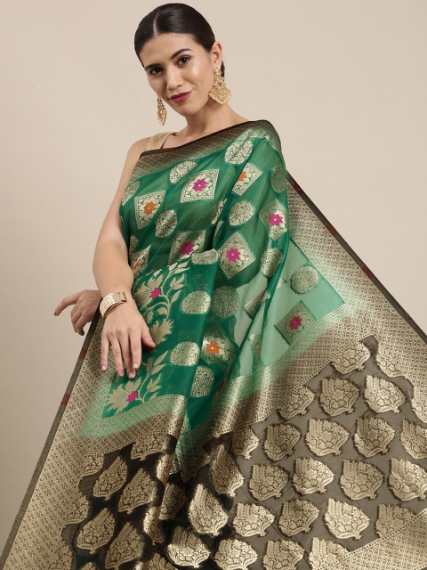 

PERFECTBLUE Green & Gold Floral Jacquard Organza Saree