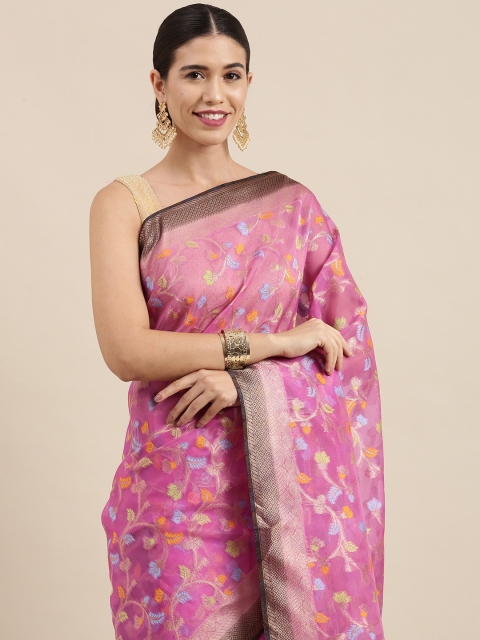 

PERFECTBLUE Lavender & Gold Floral Jacquard Organza Saree