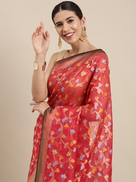 

PERFECTBLUE Red & Gold Floral Jacquard Organza Saree
