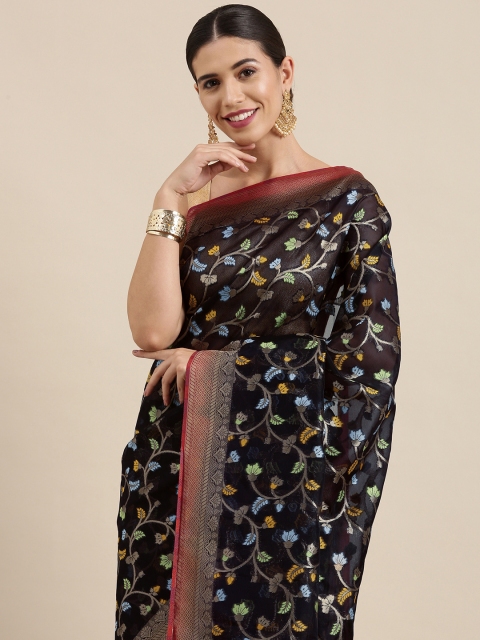 

PERFECTBLUE Black & Gold Floral Jacquard Organza Saree