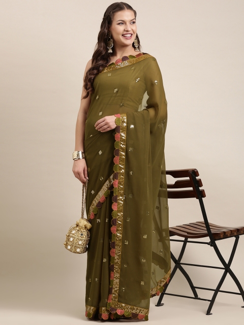 

Pratham Blue Olive Green Sequinned Pure Georgette Saree