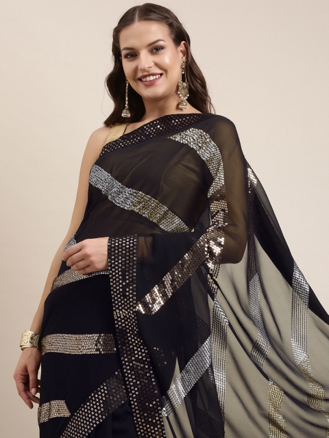 

Pratham Blue Black & Coffee Brown Sequinned Pure Georgette Saree