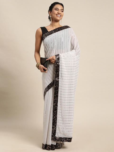 

Pratham Blue Light Grey & Silver Sequined Stripes Saree
