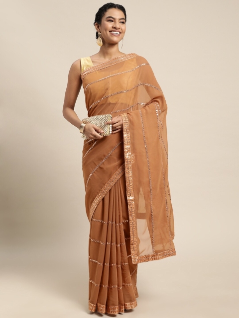 

Pratham Blue Peach-Coloured Sequinned Pure Georgette Saree