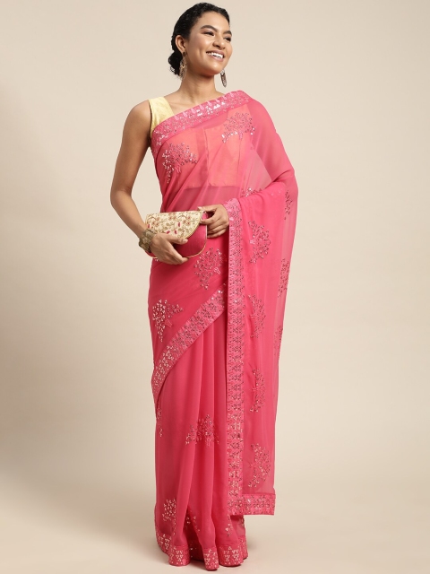 

Pratham Blue Pink & Golden Sequined Striped Pure Georgette Saree