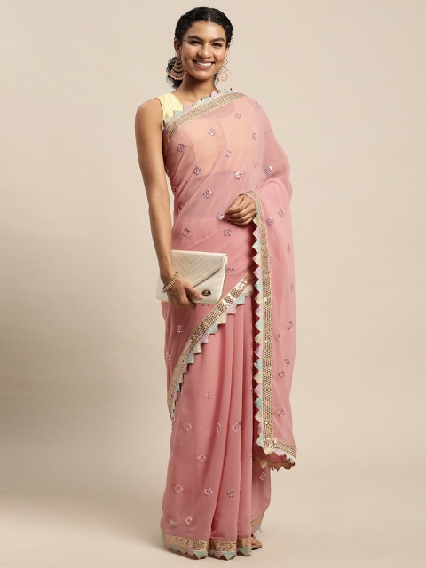 

Pratham Blue Peach-Coloured Sequinned Pure Georgette Saree