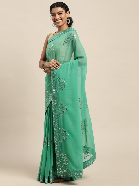 

Pratham Blue Turquoise Blue Sequinned Pure Georgette Saree