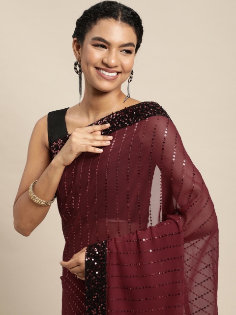 

Pratham Blue Maroon Sequined Stripes Saree