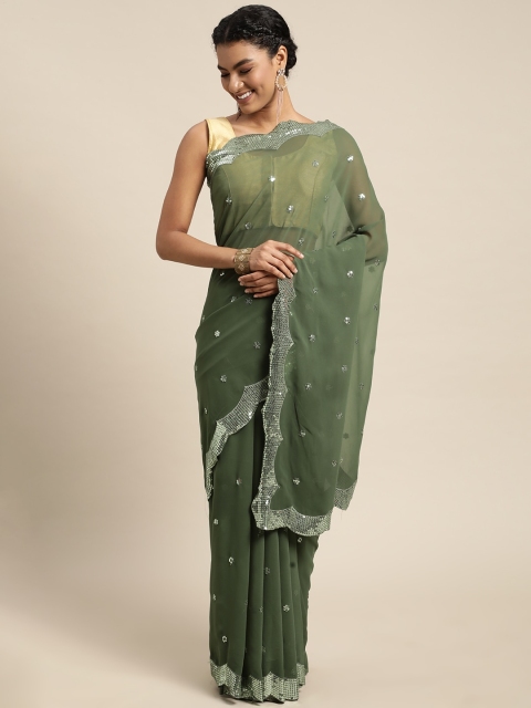 

Pratham Blue Olive Green & Silver Sequinned Pure Georgette Saree