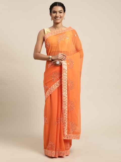 Pratham Blue Orange Floral Sequinned Pure Georgette Saree
