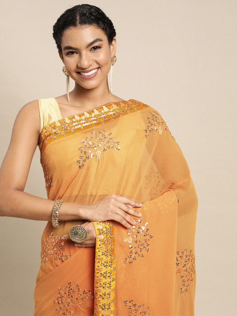 

Pratham Blue Yellow Sequinned Pure Georgette Saree