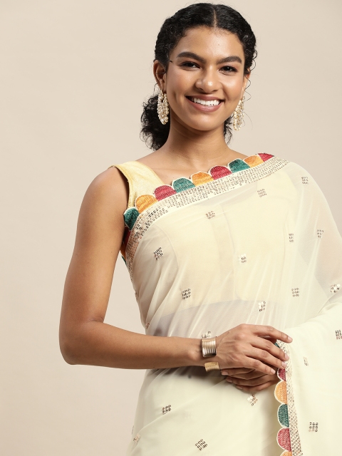 

Pratham Blue White & Golden Sequinned Pure Georgette Saree