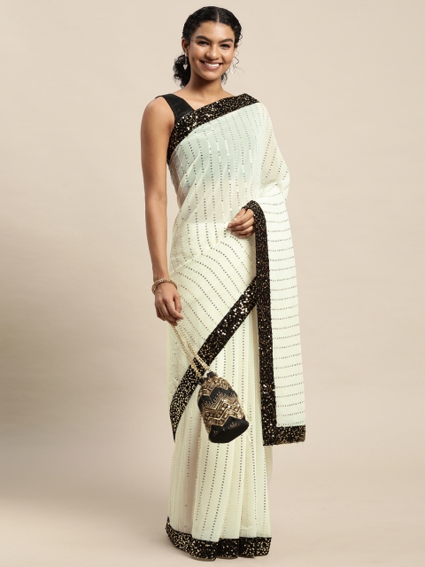 

Pratham Blue Off White & Golden Sequinned Striped Pure Georgette Saree