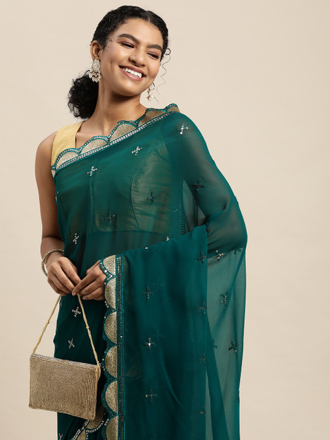 

Pratham Blue Teal Blue Embellished Sequinned Saree