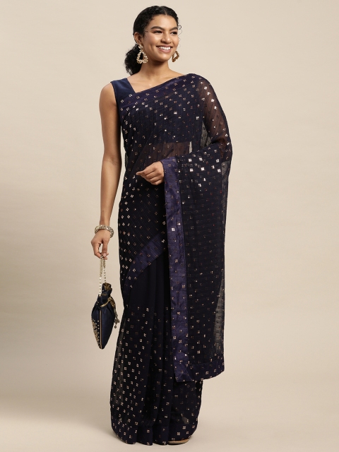 

Pratham Blue Navy Blue Sequinned Pure Georgette Saree
