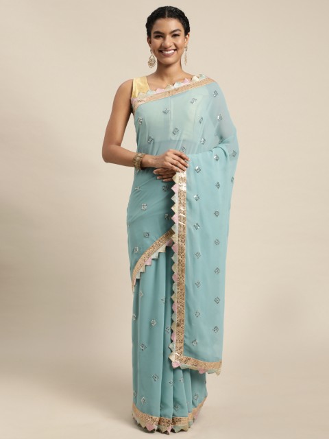 

Pratham Blue Turquoise Blue Sequinned Pure Georgette Saree