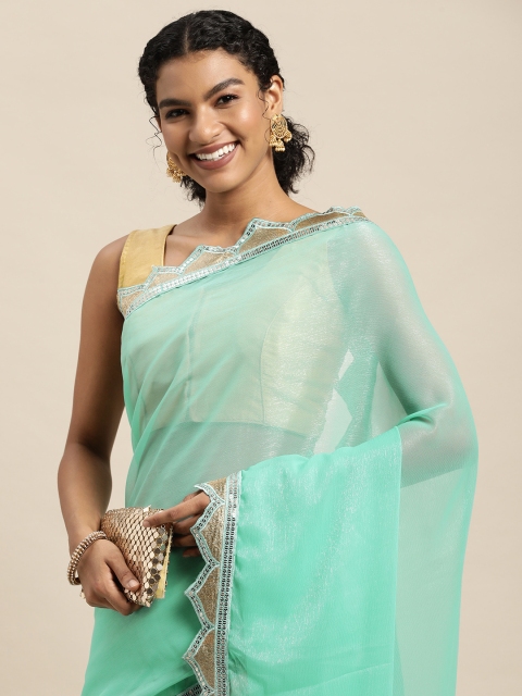 

Pratham Blue Sea Green Solid Saree with Sequinned Border