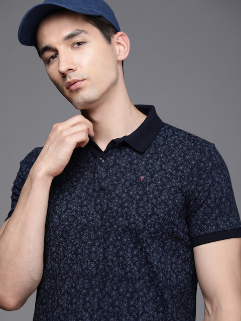 

Louis Philippe Sport Men Navy Blue & Purple Floral Printed Polo Collar T-shirt