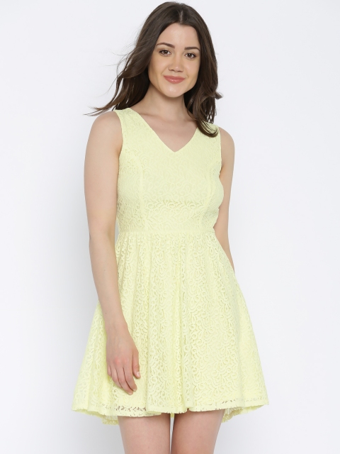 

Vero Moda Women Yellow Self-Design Fit and Flare Lace Dress