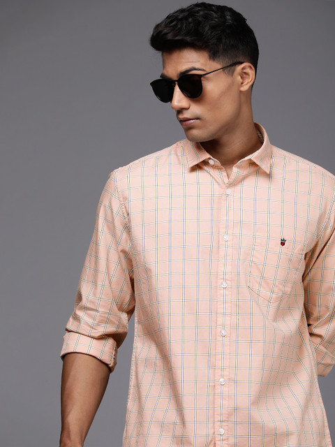 

Louis Philippe Jeans Men Peach-Coloured Slim Fit Checked Cotton Casual Shirt