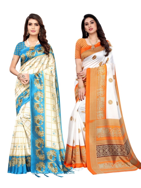 

KALINI Pack of 2 Cream-Coloured & Orange Ethnic Motifs Art Silk Saree