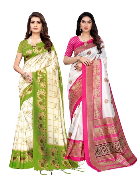 

KALINI Olive Green & Pink Pack of 2 Floral Art Silk Saree