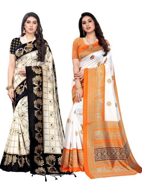 

KALINI Black & Orange Pack of 2 Floral Art Silk Saree