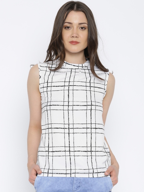 

Vero Moda Women White & Black Checked High Low Top