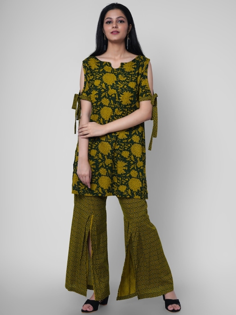 

KALINI Women Green Floral Printed Pleated Kurti with Sharara