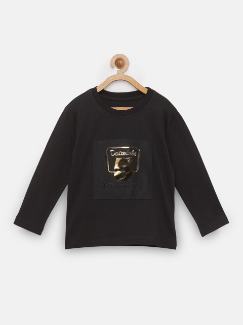 

NYNSH- PlusS Kids Boys Black & Gold Graphic Printed & Applique Cotton T-shirt