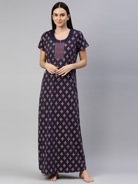 

GOLDSTROMS Navy Blue & Pink Printed Maxi Nightdress