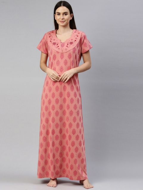 

GOLDSTROMS Peach-Coloured Ethnic Motifs Printed Maxi Nightdress
