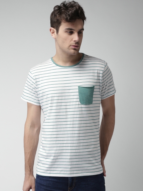 

Mast & Harbour Men & Green White Stripe Crew Neck T-shirt with Pocket
