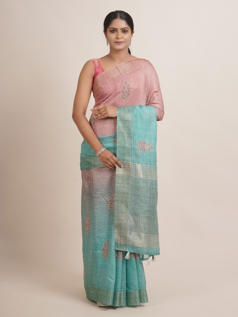 

Pothys Pink & Blue Floral Printed Zari Jute Silk Saree