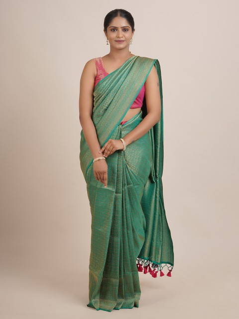 

Pothys Green & Gold-Toned Ethnic Motifs Zari Jute Silk Saree