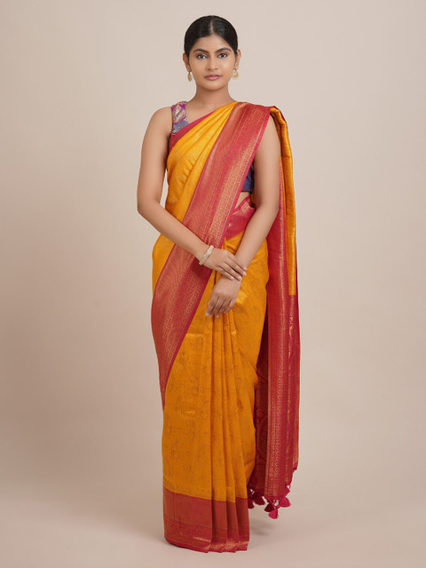 

Pothys Women Yellow & Red Paisley Woven Design Zari Sarees