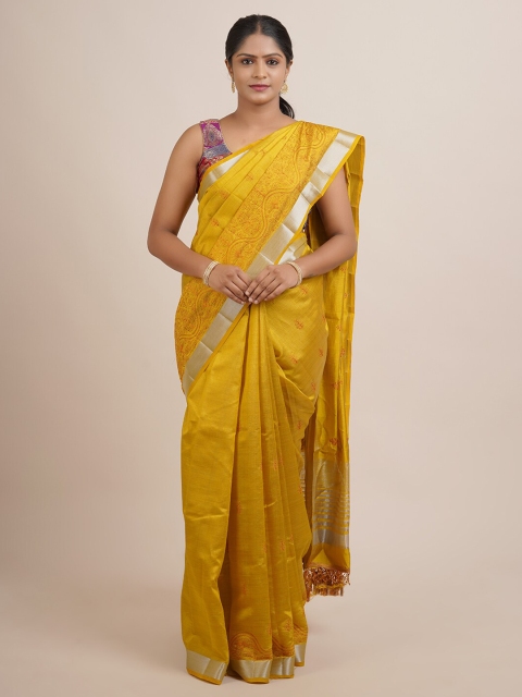 

Pothys Yellow & Silver Floral Zari Jute Silk Saree