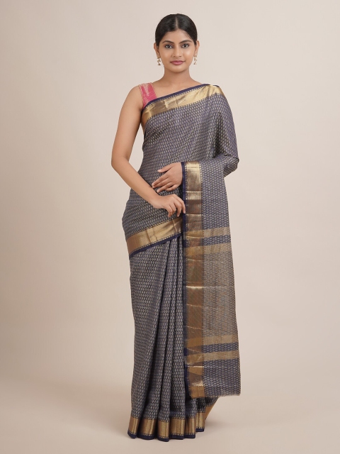 

Pothys Blue & Gold-Toned Woven Design Zari Jute Silk Saree