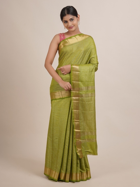 

Pothys Green & Golden Floral Zari Jute Silk Saree