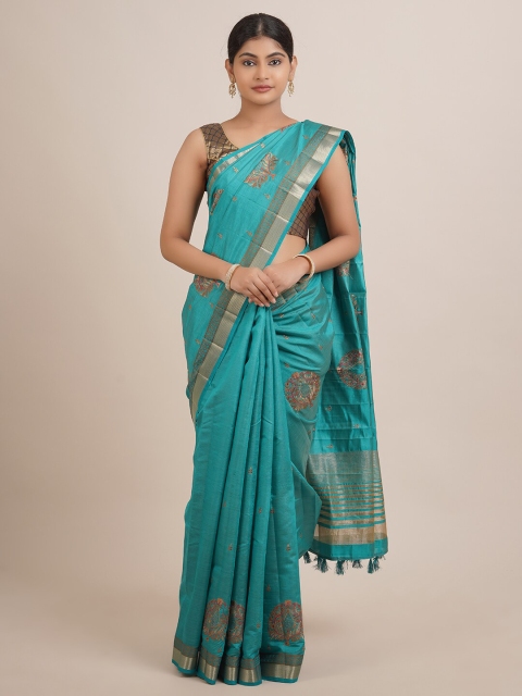

Pothys Blue & Gold-Toned Floral Zari Jute Silk Saree