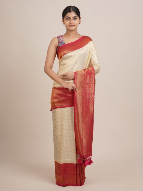 

Pothys Cream-Coloured & Red Woven Design Zari Jute Silk Saree