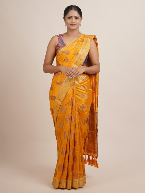 

Pothys Yellow & Copper-Toned Ethnic Motifs Beads and Stones Jute Silk Saree