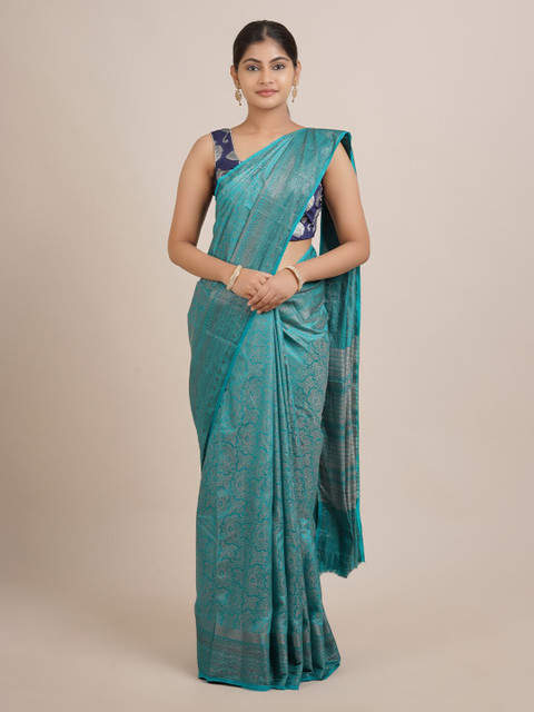 

Pothys Blue & Silver Floral Zari Jute Silk Saree