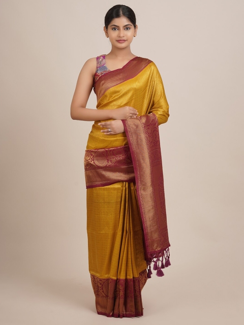 

Pothys Mustard Yellow & Maroon Ethnic Motifs Zari Jute Silk Saree
