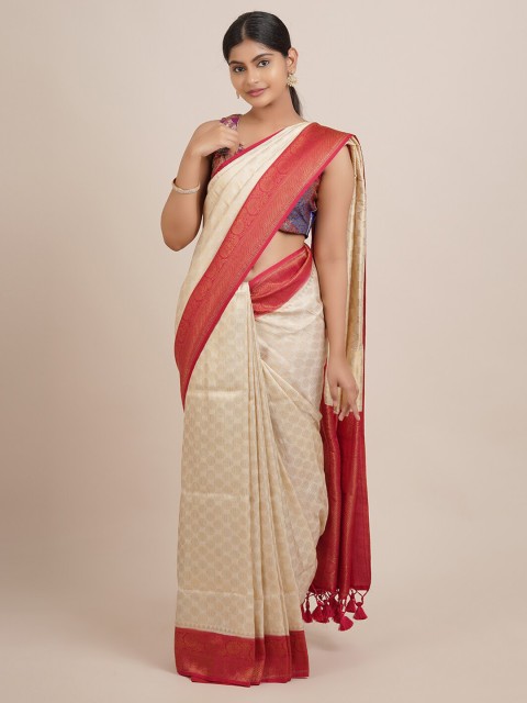 

Pothys Cream-Coloured & Red Woven Design Zari Jute Silk Saree
