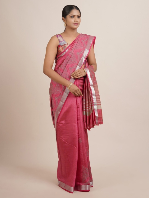 

Pothys Pink & Silver-Toned Floral Embroidered Zari Jute Silk Saree