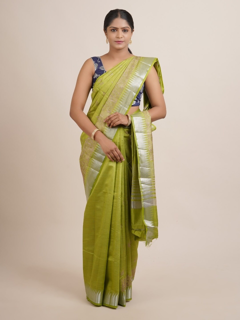 

Pothys Green & Gold-Toned Woven Design Embroidered Jute Silk Saree