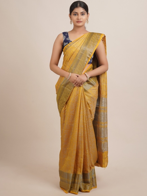 

Pothys Mustard & Silver Floral Zari Jute Silk Saree