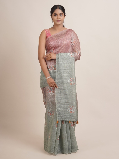 

Pothys Pink & Grey Floral Jute Silk Saree